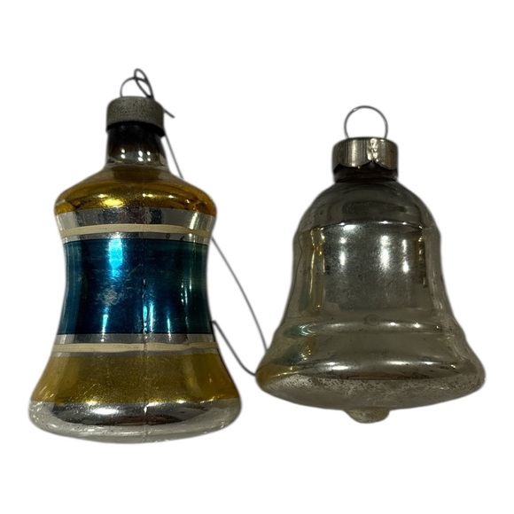 Vintage Striped And Silver Bells Mercury Glass Ornament Christmas Tree Set Of 2 - Picture 1 of 5